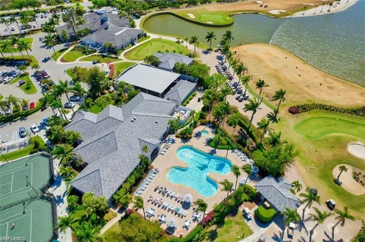 Aerial view of a golf club and a large body of water