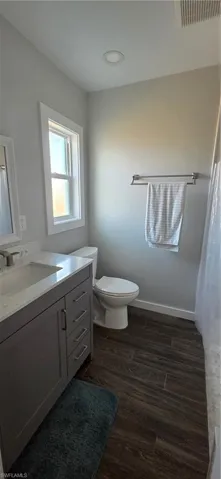 Master Bathroom featuring vanity, wood finish floors, and a shower with curtain
