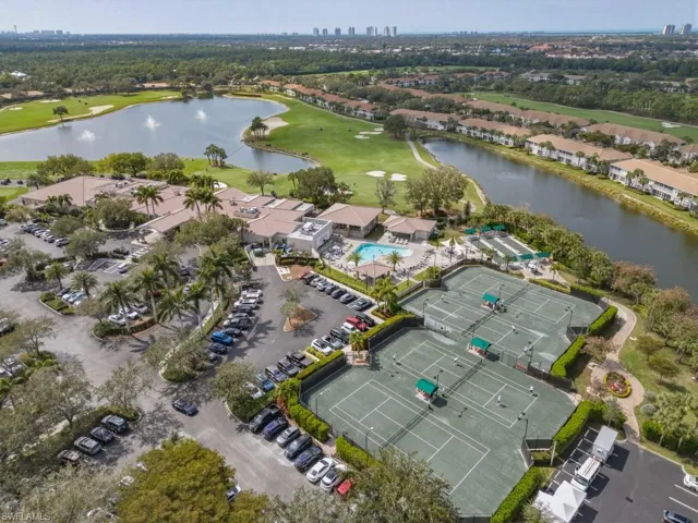 Aerial view of a golf club and a nearby body of water