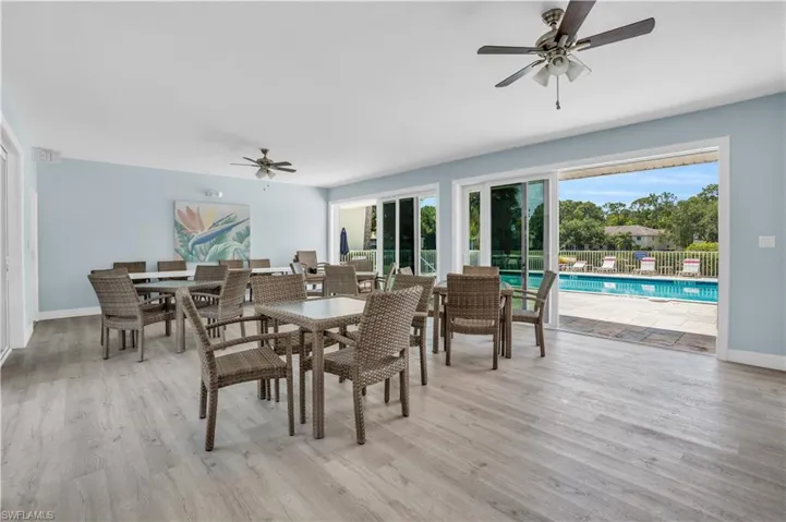 Community Dining area featuring ceiling fan, a healthy amount of sunlight, and light wood-type flooring