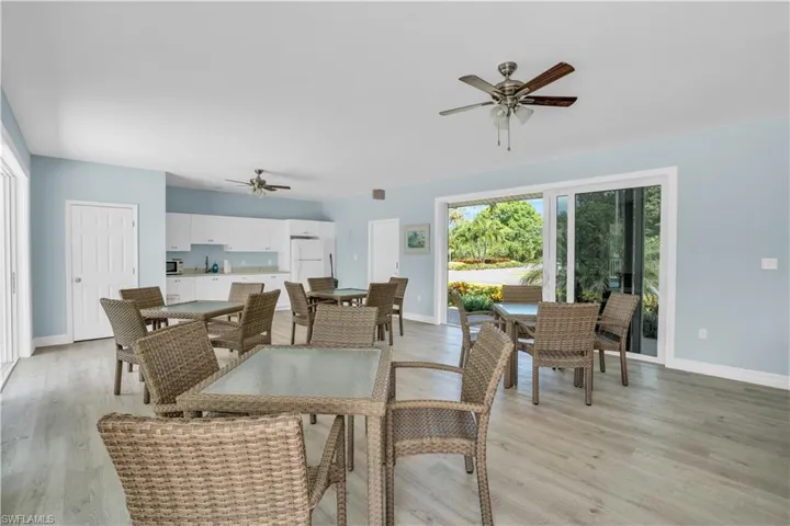 Community Dining space with ceiling fan and light hardwood / wood-style floors