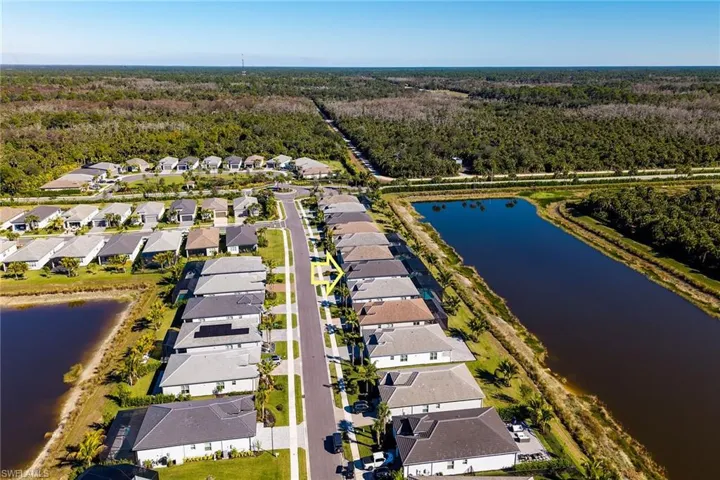 Aerial perspective of suburban area with a large body of water and a forest