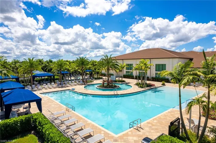 Community pool with a patio and a gazebo