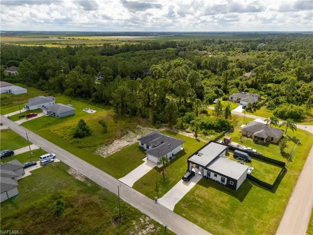 Aerial perspective of suburban area with a forest