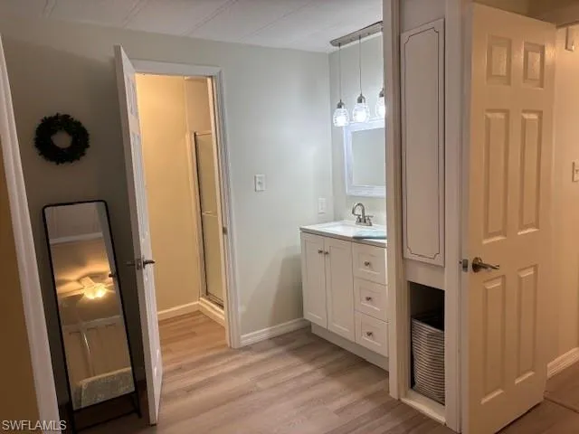 Bathroom featuring baseboards, wood finished floors, vanity, and a shower with door