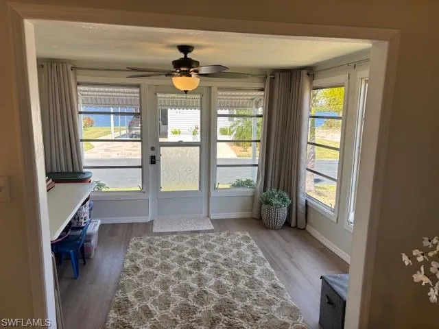 Entryway with baseboards, wood finished floors, and a wealth of natural light