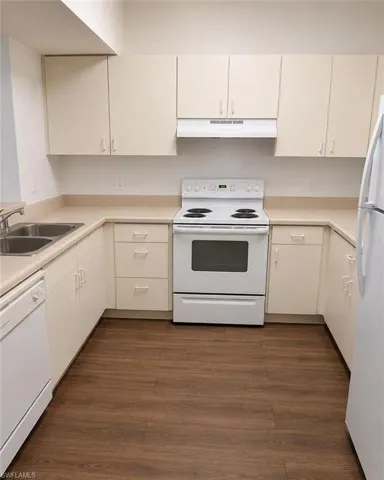 U-shaped kitchen featuring wood-finish flooring, white appliances, dual basin sink, light-toned cabinetry, and complementary countertops