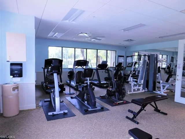 Workout area with carpet floors and ceiling fan