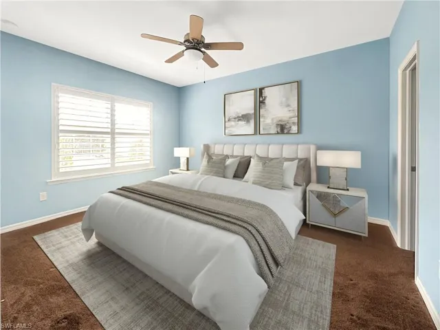 Virtually Staged -Bedroom featuring carpet floors, baseboards, and ceiling fan