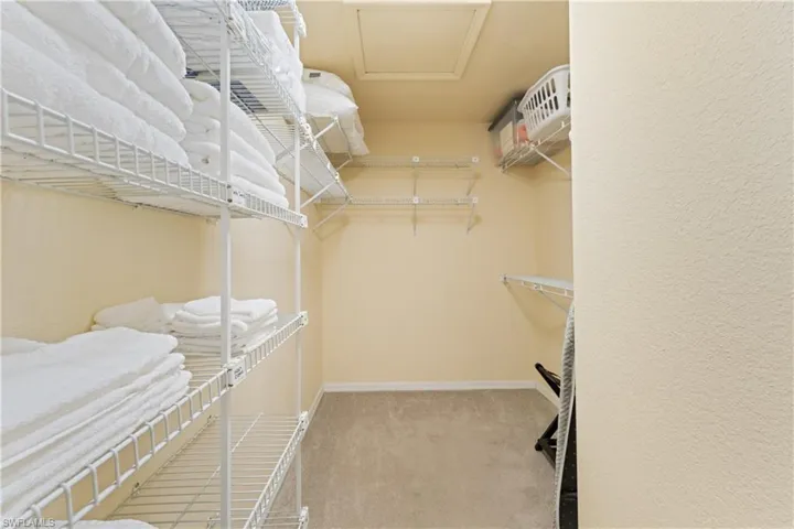 Utility closet featuring wire shelving, neutral wall paint, and gray carpet flooring