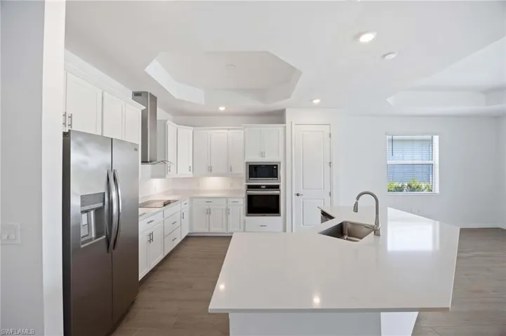Kitchen featuring appliances with stainless steel finishes, a sink, light countertops, a tray ceiling, and wall chimney exhaust hood