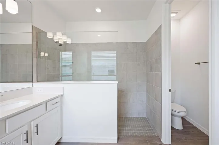Bathroom with walk in shower, wood finished floors, vanity, toilet, and recessed lighting