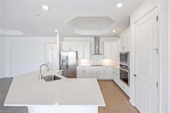 Kitchen with wall chimney range hood, appliances with stainless steel finishes, a large island with sink, a sink, and a raised ceiling