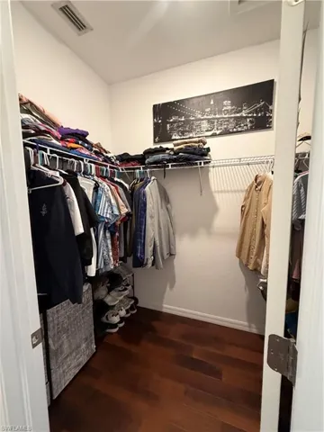 Walk in closet featuring dark wood-type flooring and attic access
