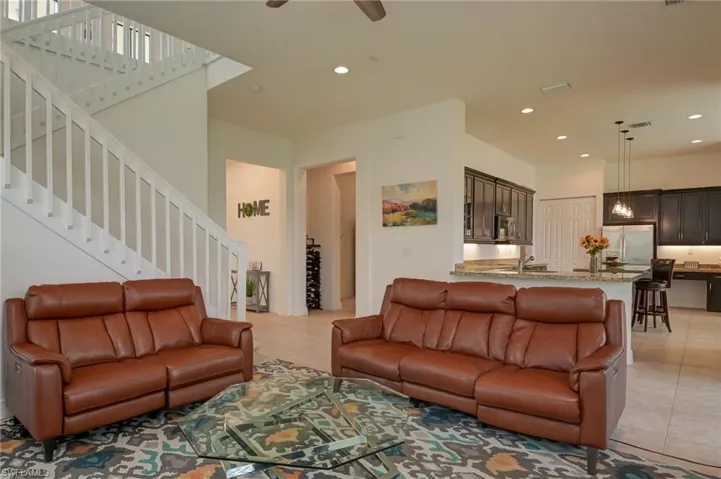 Family room with view of kitchen