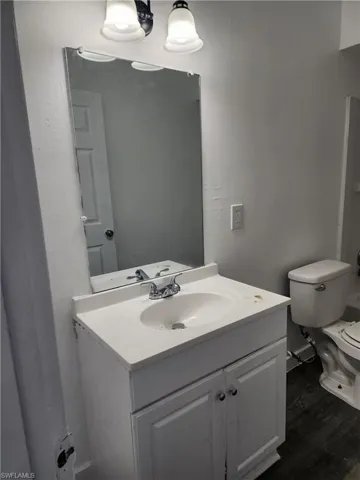 Bathroom featuring vanity and dark wood-style flooring