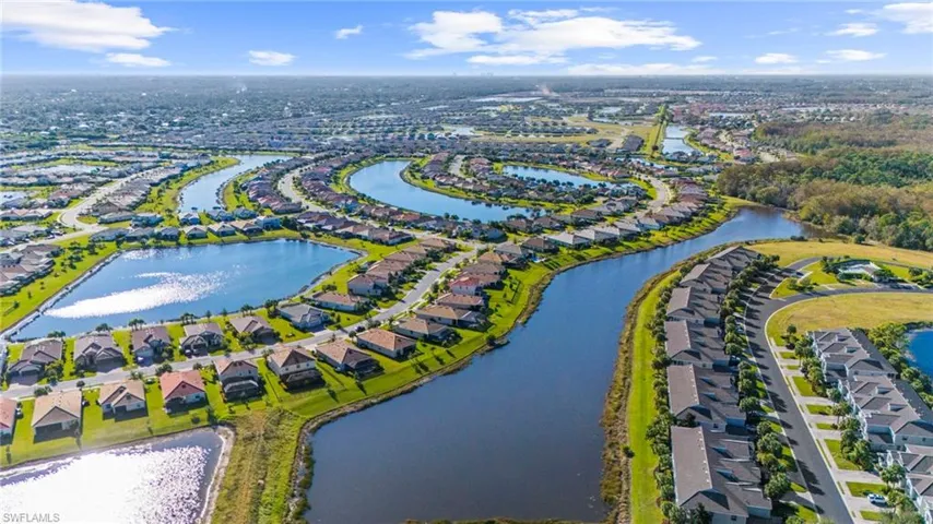 Birds eye view of property with a water view