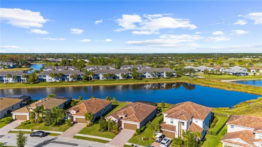 Birds eye view of property with a water view