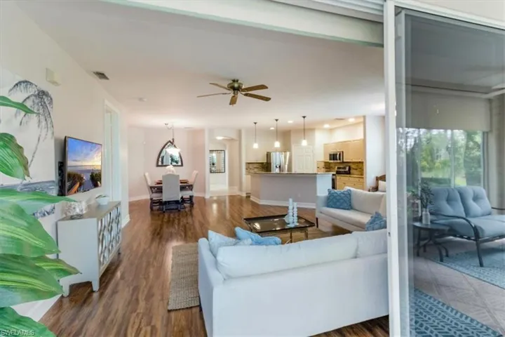 Open and expansive living and dining room.