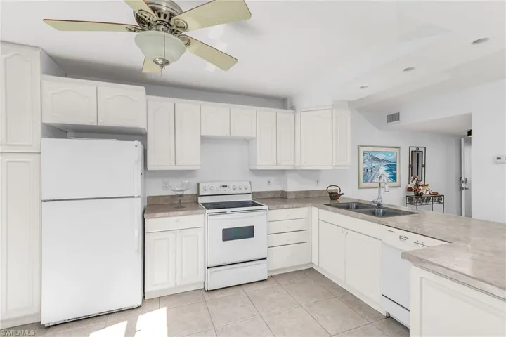 Kitchen with white cabinets, a sink, white appliances, and visible vents