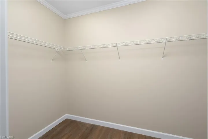 Walk in closet featuring dark wood-type flooring