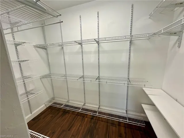 Walk in closet with dark wood-style floors