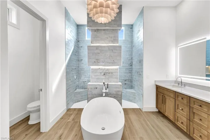 Bathroom with plenty of natural light, a soaking tub, vanity, and walk in shower