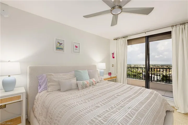 Bedroom with ceiling fan and access to exterior