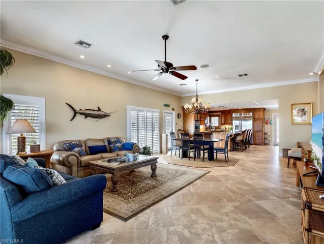 Main (2nd) floor Great Room with tile on the diagonal, volume ceilings