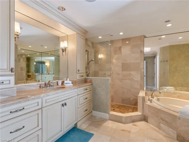 Primary BR Bath, marble vanity, garden tub
