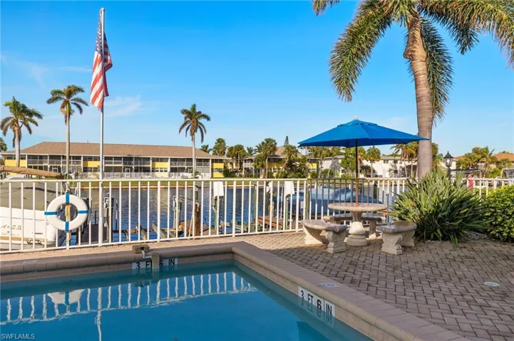 Community pool with a residential view and a patio