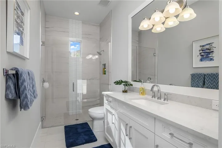 Bathroom with vanity, a healthy amount of sunlight, toilet, and a shower with door