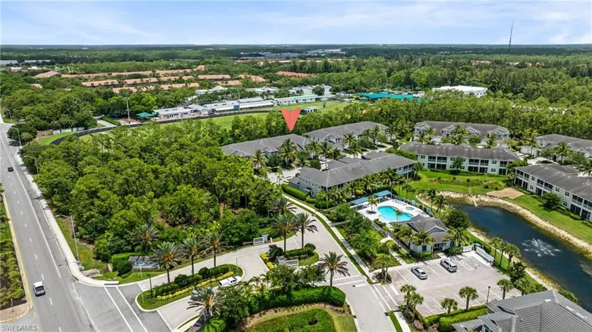 Aerial perspective showcasing a residential community with lush landscaping