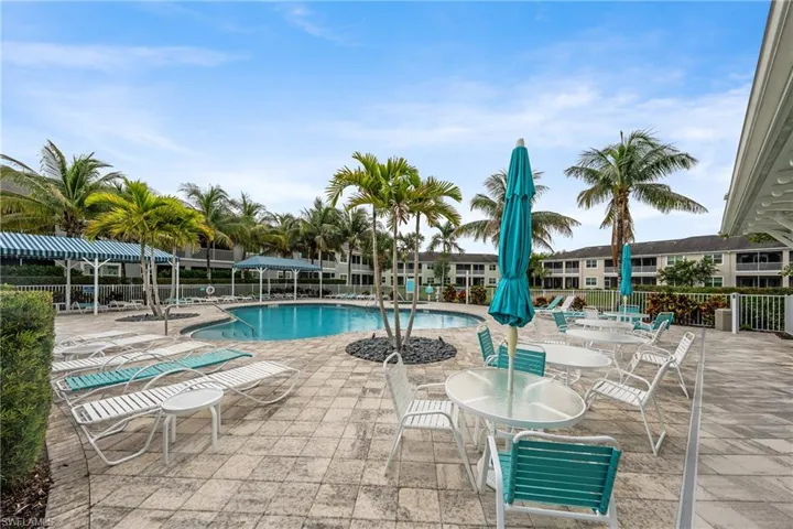Expansive paver patio surrounding a curved pool, framed by mature palm trees