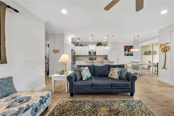 Open-concept living space featuring tile flooring throughout