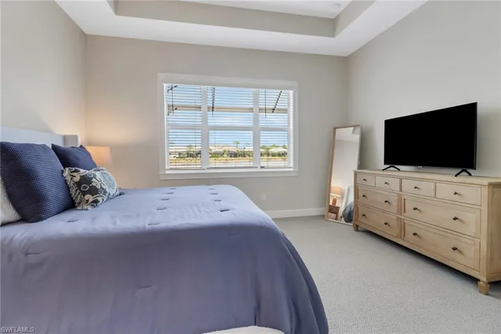 Bedroom featuring baseboards, a raised ceiling, and light colored carpet