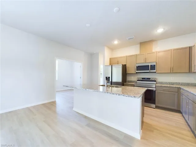 Kitchen with appliances with stainless steel finishes, light stone counters, light hardwood / wood-style floors, sink, and a center island with sink