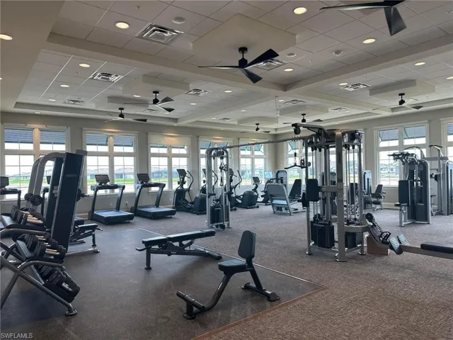 Gym with plenty of natural light, ceiling fan, and a paneled ceiling
