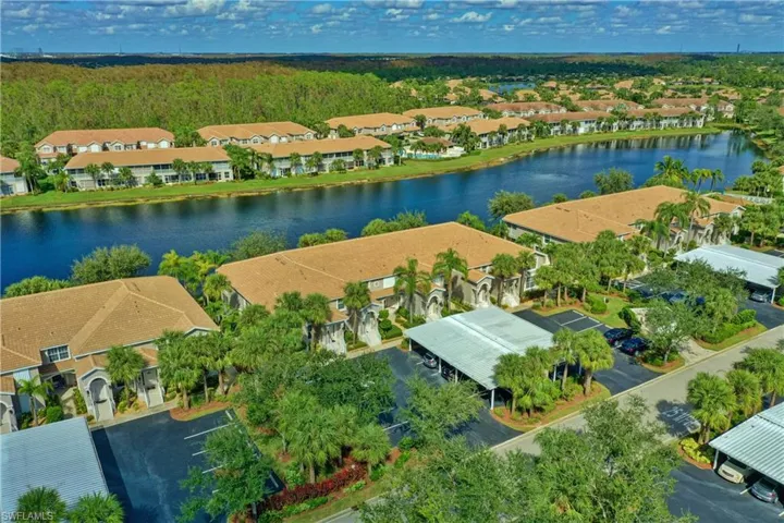 Birds eye view of property with a water view