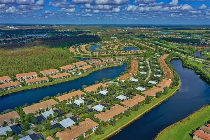 Birds eye view of property with a water view