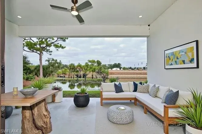 View of patio / terrace with an outdoor living space and a ceiling fan