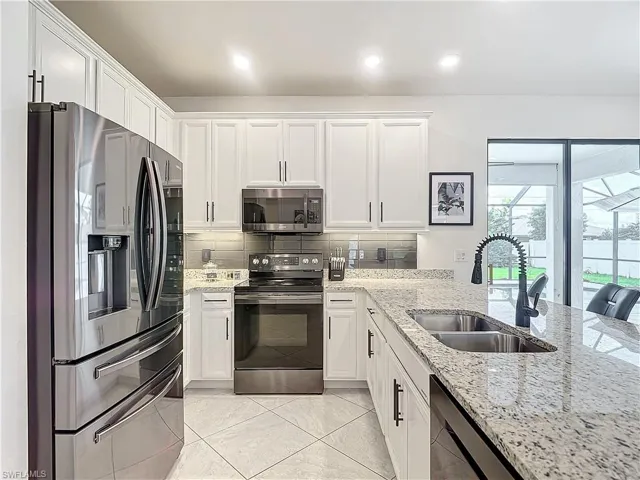 Kitchen featuring appliances with stainless steel finishes, tasteful backsplash, sink, and white cabinets