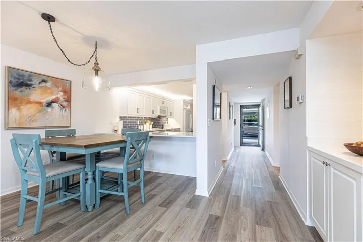 Dining area with a new table that seats six