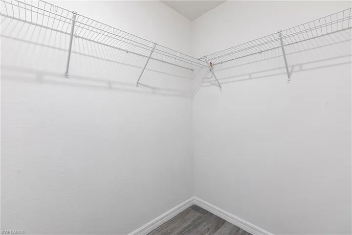 Spacious closet with dark wood-style floors