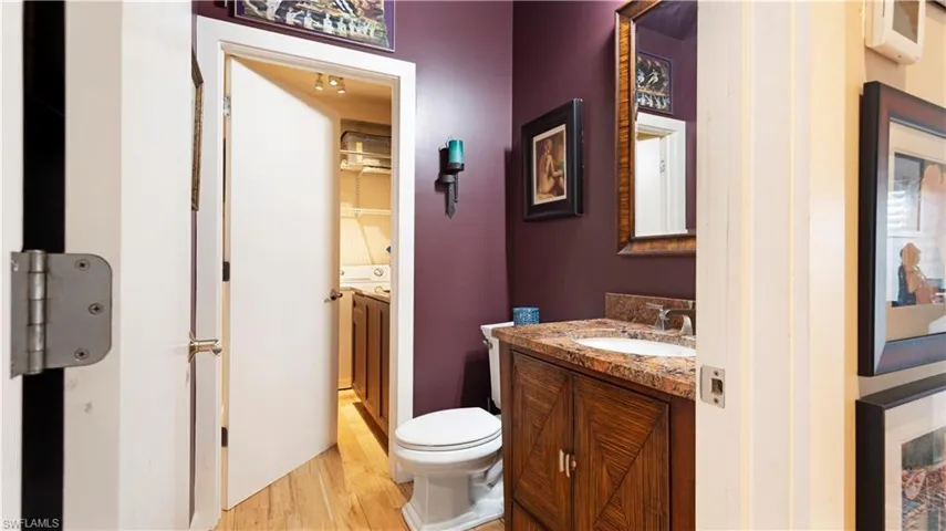 Bathroom with wood-type flooring, vanity and laundry room