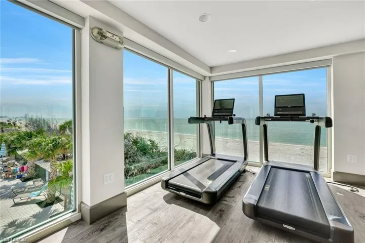 Workout area with a healthy amount of sunlight, a water view, and wood finished floors