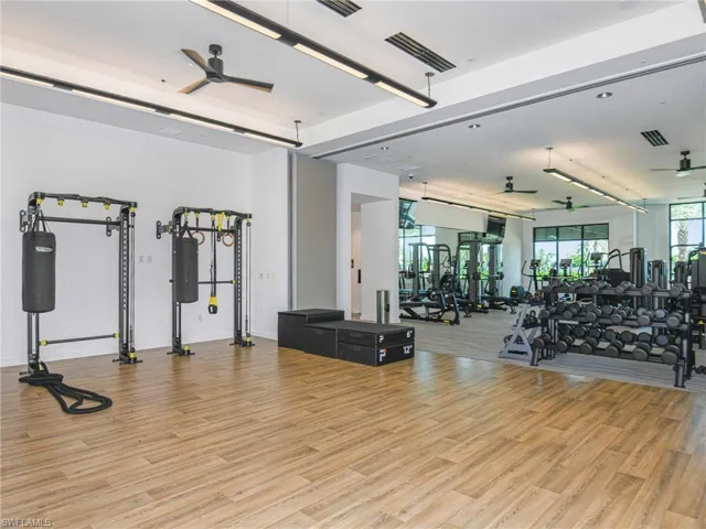 Workout area with ceiling fan