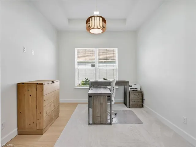 Office with a tray ceiling and light wood-type flooring