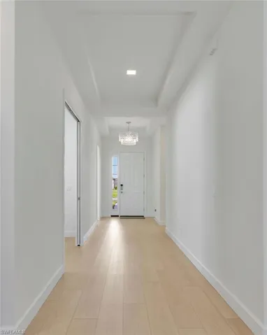 Entryway with a chandelier, a raised ceiling, and light wood-style floors