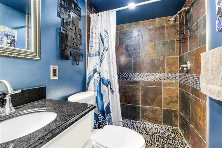 Bathroom featuring a shower with curtain, vanity, and toilet